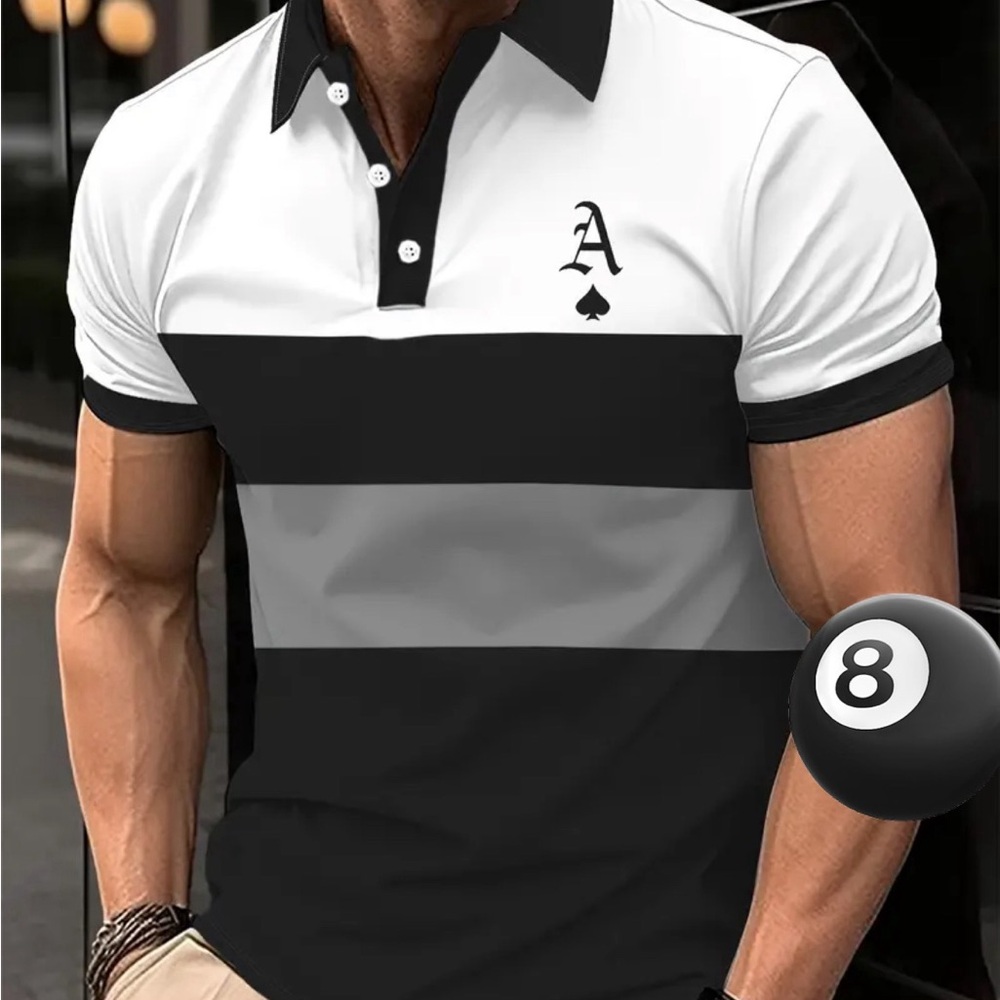 Men's Black and White Striped Polo Shirt